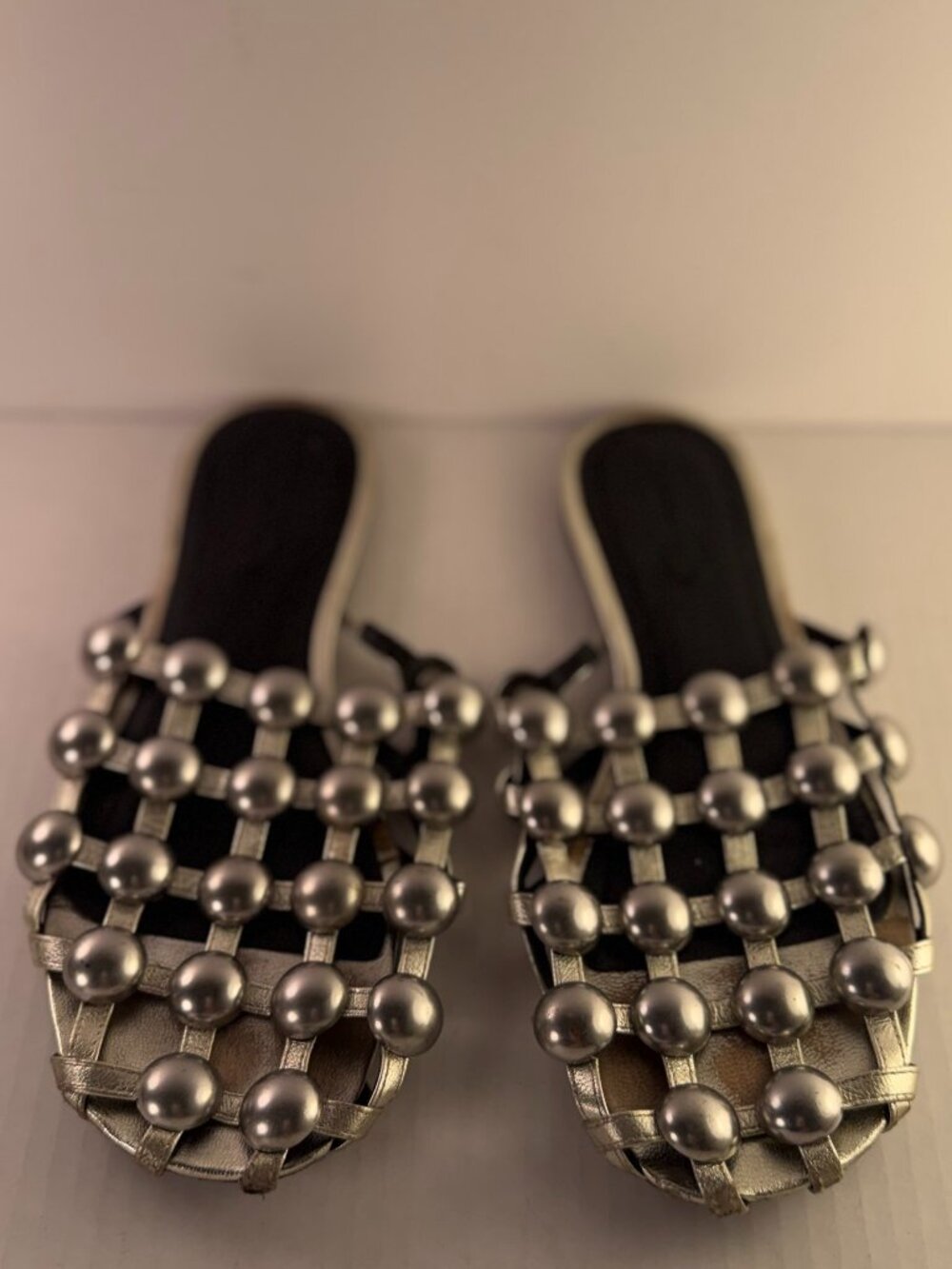 ALEXANDER WANG AMELIA SILVER LEATHER STUDDED SLIDES